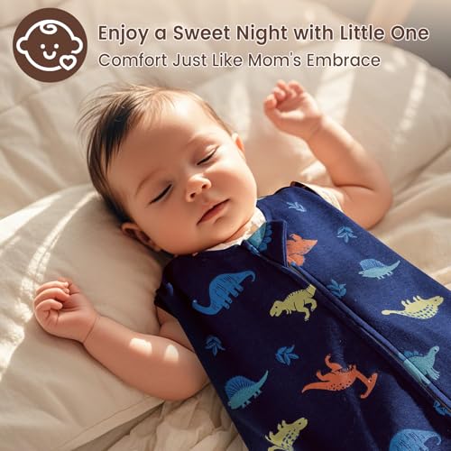 Image of david's kids 100% Organic Cotton Baby Wearable Blankets 0-6 Months, Soft Baby Wearable Blankets with 2-Way Zipper, 2 Pack Comfy Sleeping Bags for Infant Newborn Boys Girls, Small Size, Dinosaur