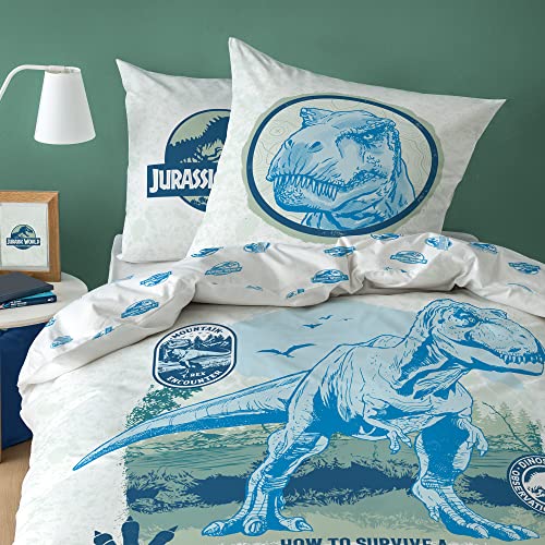Jurassic World Encounter Parure de Lit Enfant 140x200 cm | Housse de Couette Enfant 1 Personne 140x200 cm + 1 Taie d'oreiller 63x63 cm Imprimées Reversibles | 100% Coton | Oeko-TEX | Bleu Ciel, Blanc