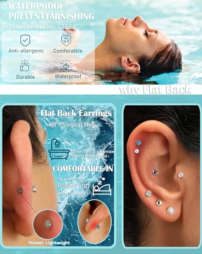 Jstyle 20G Push-in Threadless Flat Back Earrings for Women Mens Surgical Steel Stud Earrings for Sensitive Ears, 14K Gold Plated Pearl Opal Ball Heart CZ Cartilage Earring Sets Hypoallergenic3