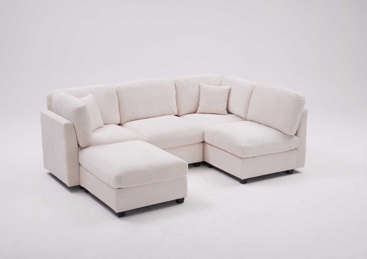 Howjoe Oversized Corduroy Modular Sectional Sofa, 5 Seat Convertible Corduroy Couch, Beige
