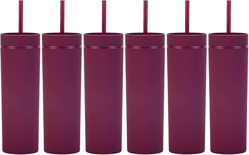 Essasea Vasos de color negro mate con tapas y popotes. Vasos delgados de 16 onzas a granel. Vasos acrílicos de plástico de doble pared para batidos