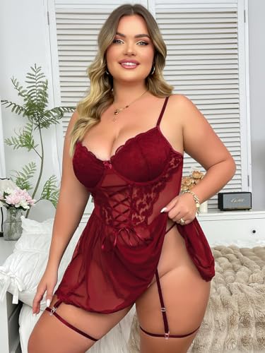 Women Plus Size Lingerie Mesh Babydoll Dress Sexy Lace Nightgown Lace Up Sleepwear Nighty with Gater Belt4