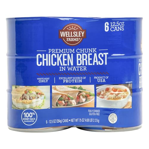 Wellsley Farms Premium Chunk Chicken Breast in Water - Fully Cooked Boneless Skinless Breast - For Prepared Meals, Salads, Sandwiches & More - Canned Chicken Breast - 12.5 oz Cans (Pack of 6)