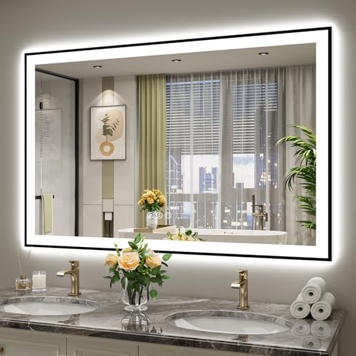 Image of 55x36 Inch LED Bathroom Mirror with Lights (Front Lit and Backlit) Black Framed Lighted Vanity Mirror for Bathroom Wall Dimmable Anti-Fog Memory Tempered Glass Horizontal /Vertical