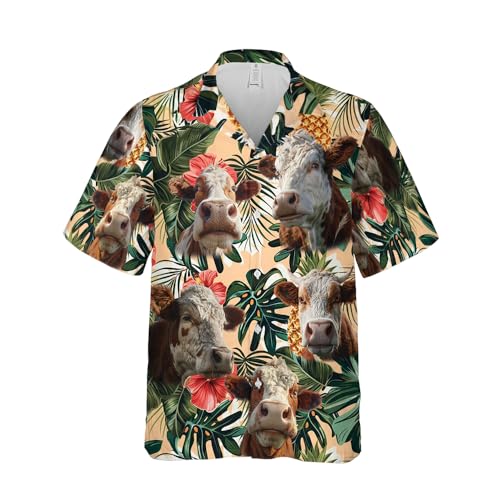 Cute Cow Hawaiian Shirts for Men Women, Tropical Cow Hawaiian Summer Short-Sleeve Casual Relaxed-Fit Button-Down