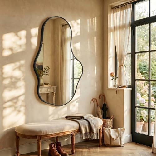 Image of Dorlicecass Irregular Wall Mirror - Wall Mirrors Decorative 22 inchx 36 inch Asymmetrical Abstract Mirror Aviation Aluminum Alloy Frame Unique for Bathroom, Bedroom, Living Room, Cloakroom, Entryway Black