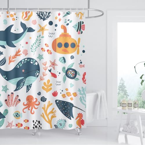 Image of Kids Cartoon Ocean Shower Curtain Cute Fish Sea Turtle Whale Dolphin Funny Underwater Submarine Animal Sea Life Children Boy Home Bathroom Decor Waterproof Fabric 72Lx72W Inch with 12PCS Hooks