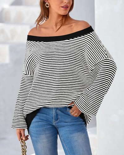 Zenlonr Womens Off The Shoulder Sweater 2025 Fall Winter Long Sleeve Striped Sweater Oversized Knitted Pullover Tops4