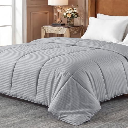 Image of Bedsure Duvet Insert Queen Size - Lightweight Comforter, Quilted Cooling Duvet Insert, Down Alternative Summer Comforter with 8 Tabs, Ultra Soft, Striped, Queen, Light Grey, 88x88 inches