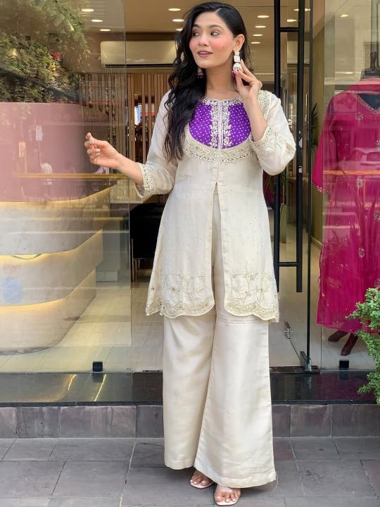 Image of Wedding Outfit For Women Embroidered Shrara Set For Women Designer Silk Kurta With Sharara Pants Festive Ethnic Wear Traditional Outfit For Celebrations Functions Ceremonies And Gatherings