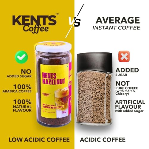 Image of Kents Coffee Roasted Hazelnut Instant Coffee | 100% Arabica with Natural Hazelnut Flavour | No Added Sugar | LOW ACIDIC | Not too Sweet | Perfect for Iced Coffee & Hot Latte | Serves 90 Cups (100g)