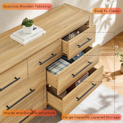 Image of 7 Drawer Dresser for Bedroom, 57.4 inch Wide Modern Chest of Drawers, Wooden Large Storage Cabinet with Sturdy Construction, TV Stand for Living Room, Hallway, Dining Room, Office (Natural Oak)