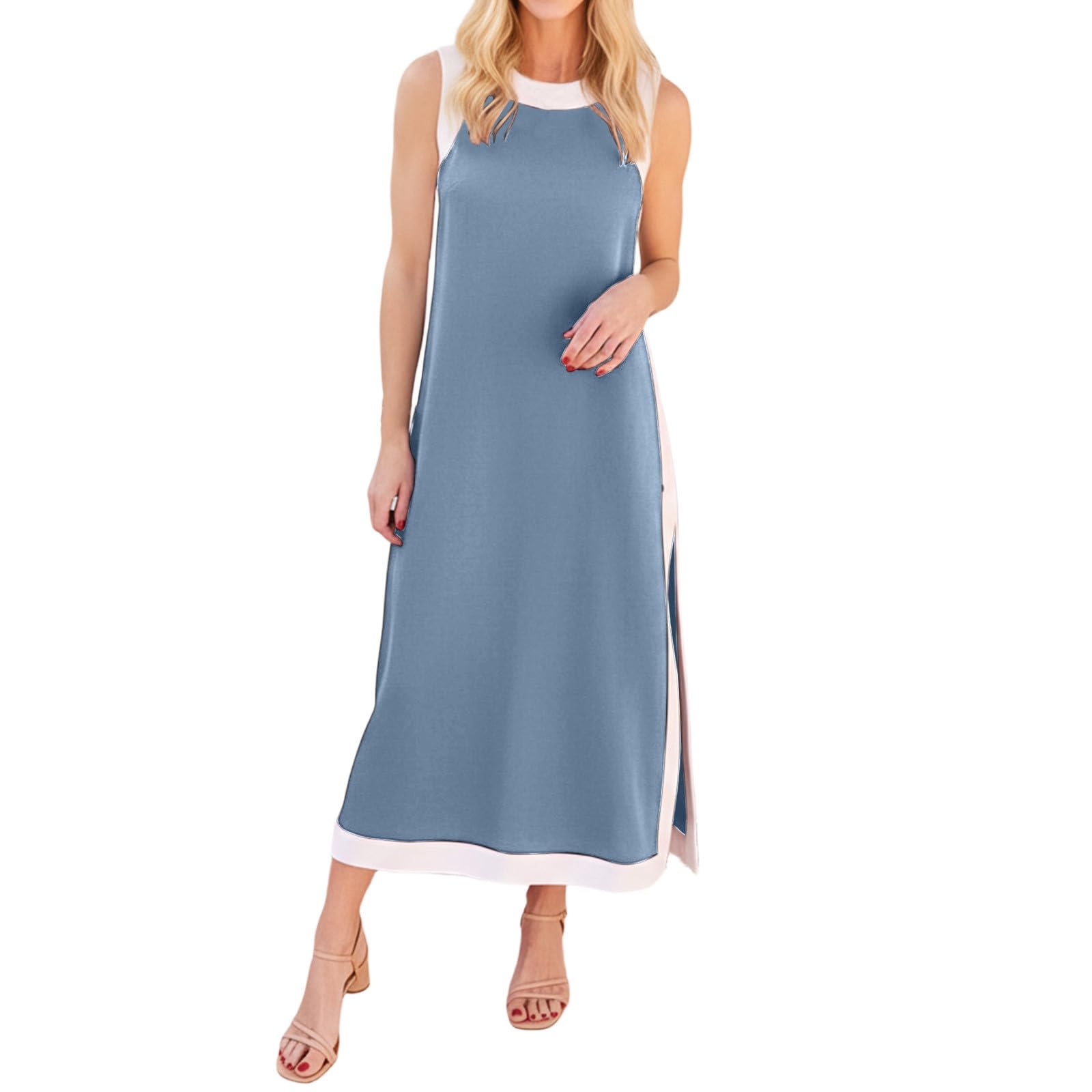 Generisch Combinaison d'été en lin pour femme, 2 pièces, col rond, débardeur et pantalon large avec poches, tenue de loisirs en coton, tenue respirante pour plage, voyage, bureau