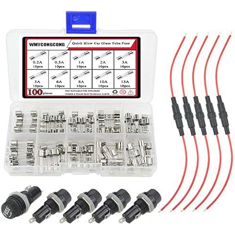 WMYCONGCONG 5 PCS 5x20mm Fuse Holder Inline Screw Type + 100 PCS Fast Blow Glass Fuses Assortment + 5 PCS 5x20mm Panel Mounted Fuse Holder Cover