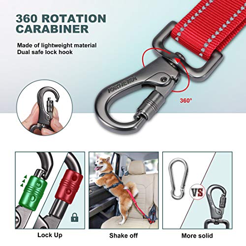 Image of IOKHEIRA Dog Seat Belt 3-in-1 Car Harness for Pets Adjustable Safety Seatbelt Nylon Reflective Bungee Fabric Dog Car Harness with Clip Hook Latch & Buckle, Swivel Zinc Alloy Carabiner Red