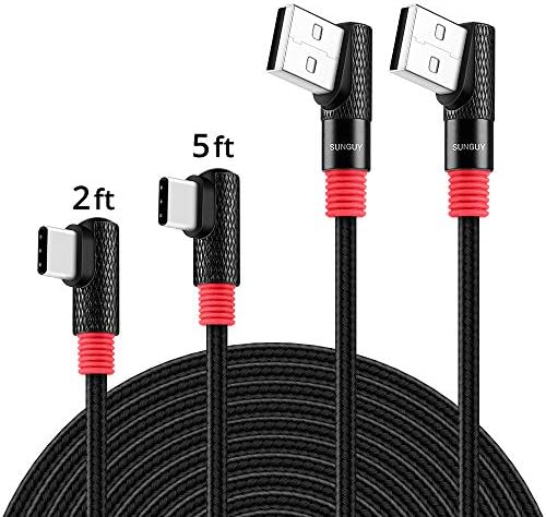 SUNGUY USB C Cable Right Angle, (2-Pack,2ft/5ft) Nylon Braided 90 Degree Max 5V/2.4A 12W USB-C Charging & Data Sync Cable for Samsung Galaxy S9 S8 Plus,Google Pixel 2XL,OnePlus 5T and More