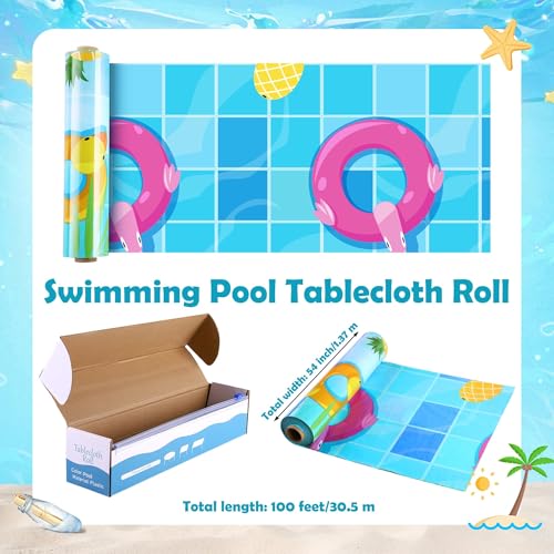 Image of Kochorie 100 Ft x 54 Inch Swimming Pool Plastic Tablecloth Roll Pool Party Table Cover Roll with Cutter Box Summer Themed Ocean Backdrop for Summer Beach Pool Ocean Party Supplies