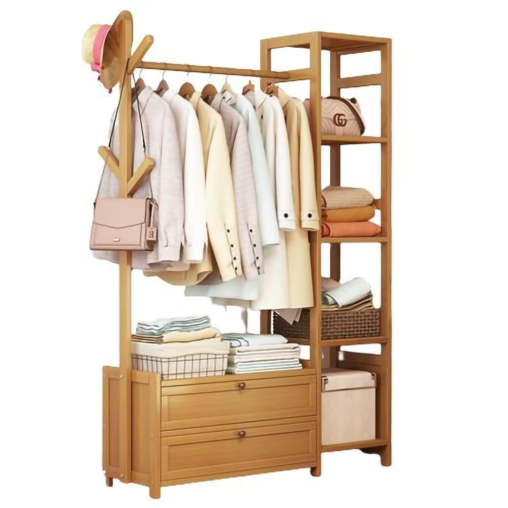 FGXHHS Bamboo Coat Rack with Shelves and Drawer, Freestanding Garment Organizer for Bedroom, Hallway, Living Room Storage