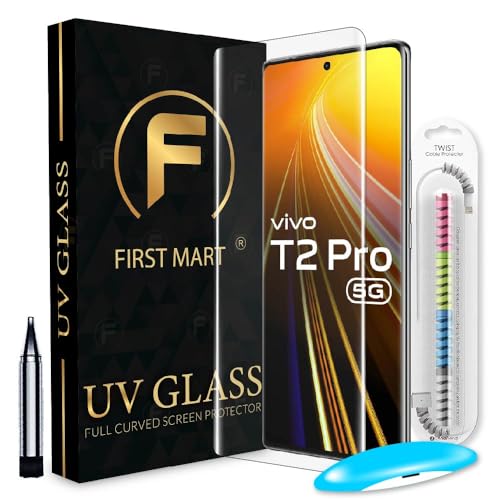 Image of FIRST MART Tempered Glass for Vivo T2 Pro 5G / V27 Pro 5G / V29 Pro 5G with Edge to Edge Full Screen Coverage and Easy UV Glue Installation Kit and Cable Protector, Pack of 1