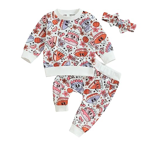 Image of AEEMCEM Toddler Baby Girl Halloween Outfit Pumpkin Floral Print Sweatshirt Top Elastic Waist Pants Set Cute Halloween Clothes (Cartoon Flowers, 0-6 Months)