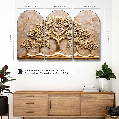 Image of Livin'luxe Golden Tree of Life Wall Painting - 3 Panel Modern Art Luxury Nature-Inspired Wall Decor for Living Room, Bedroom, Office & Meditation Spaces 30 x 50 Inch