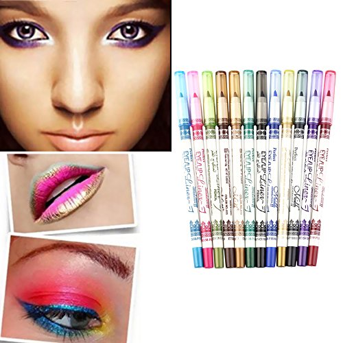 Popfeel 12 Color Glitter Eyeliner Lip Liner Set ,PVC Design Eyebrow Pen Pencil Makeup Kit