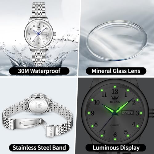 OLEVS Silver Stainless Steel Womens Watch, Classic Roman Numerals Day Date Watches for Women, Luxury Diamond Analog Quartz Ladies Watch - Image 6