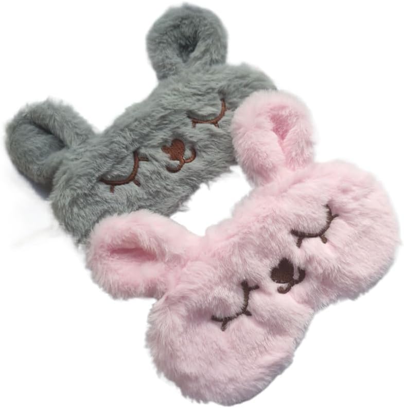 2 Pack Soft Plush Rabbit Sleeping Eye Mask, Cute Animal Sleep Eye Cover, Funny Bunny Blindfold Eyeshade for Women Night Nap Travel (Pink, Grey)