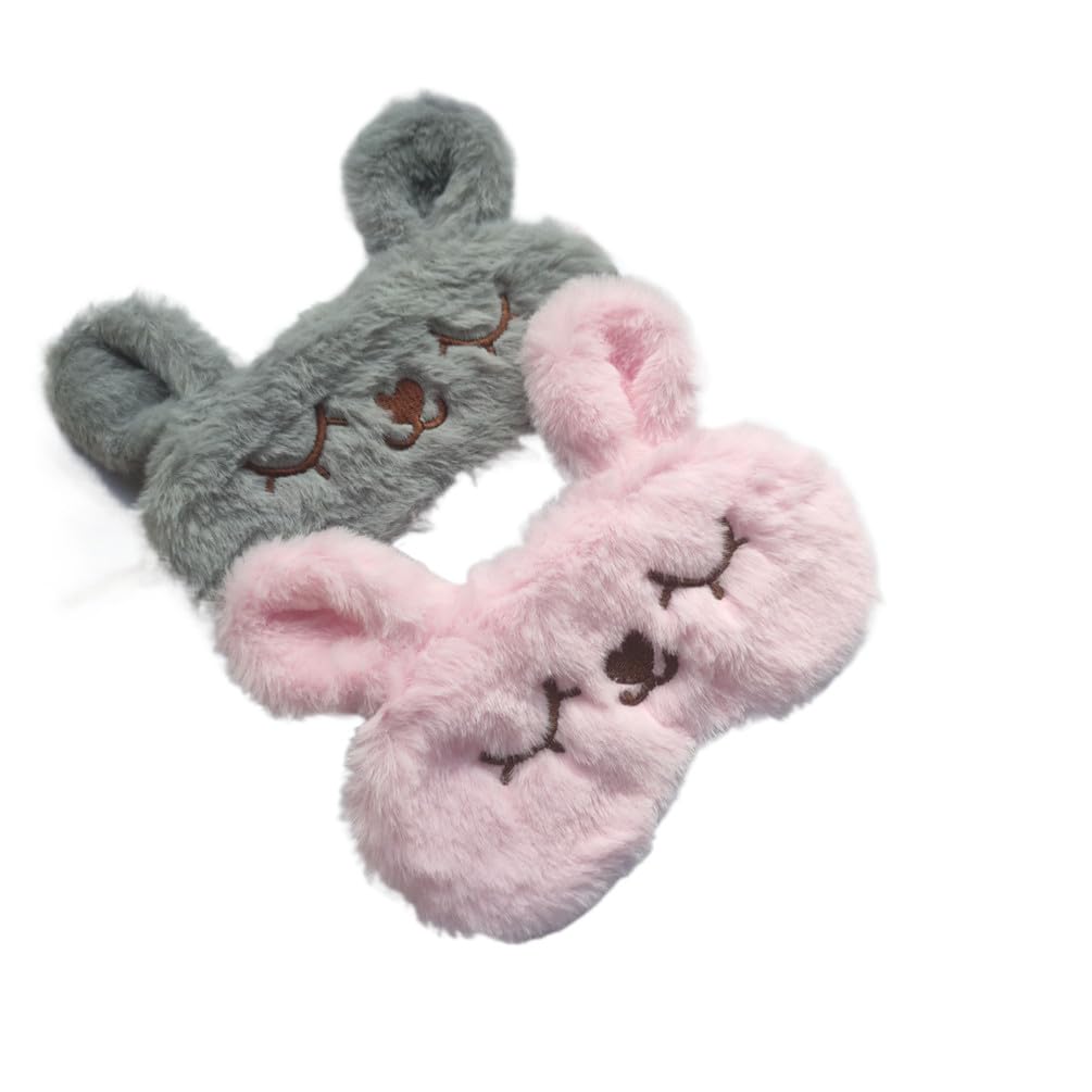 2 Pack Soft Plush Rabbit Sleeping Eye Mask, Cute Animal Sleep Eye Cover, Funny Bunny Blindfold Eyeshade for Women Night Nap Travel (Pink, Grey)