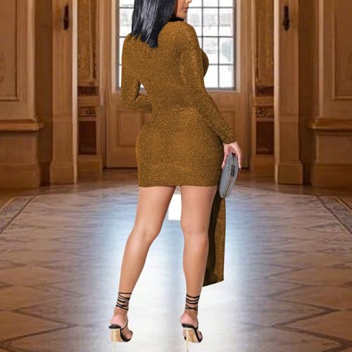 Image of Women's Casual Round Neck Long Sleeve Night Club Party Sexy Sparkly Bodycon Wrap Mini Dress