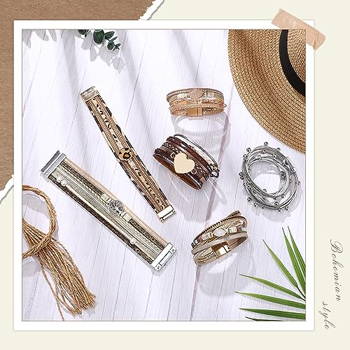Yinkin 6 Pcs Boho PU Leather Wrap Bracelets for Women Stack Multi Layer Bohemian Cuff Bracelets trendy Jewelry Gifts3