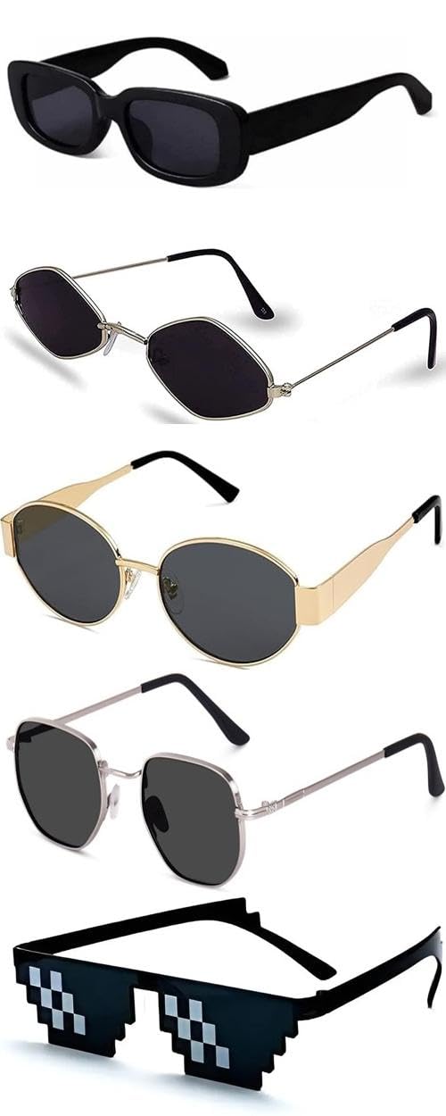 sheomy Unisex combo offer pack of 5 shades Unisex Fashion Sunglasses Set, 5 Pairs, Metal Frame, Black and Silver - Combo5-14106-picture-37