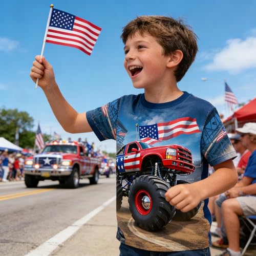 Image of Boys 4th of July Shirt American Flag Tshirt for Kids USA Flag Outfits Toddler Patriotic Tee Monster Truck Top T-Shirt 3-10T
