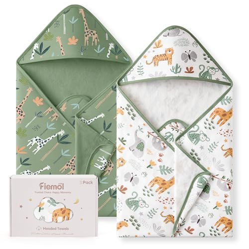 Image of Hooded Baby Towels for Newborn,100% Cotton Baby Bath Towels with Hood for Infant Toddler Boy Girl, 2 Pack 32x32 Inch Soft & Absorbent Knit Terry Bath Essentials Green Giraffe
