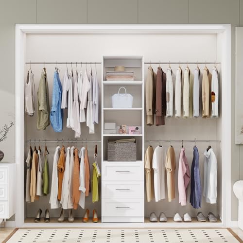 Morning Tree Closet Organizer SyStem with Drawers, 4-8FT Walk-In Closet System with 4 Expandable Hanging Rods, 4 Shelves, Closet Systems for Walk-In Closets, Wall Mount Closet Storage System White