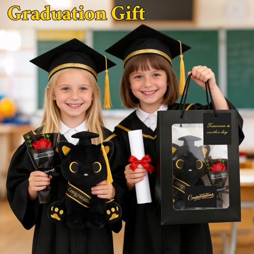 Image of 2026 Graduation Gift Set - Black Cat Plush with Soap Rose Bouquet & Card, Class of 2026 Stuffed Animal for Her, Him & Kids, High School College Graduate