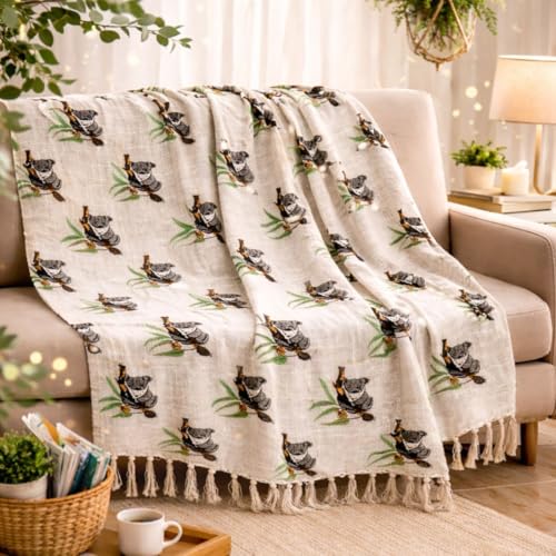 Image of Handblock Printed 100% Cotton 50x70 Inch Sofa Throw for Couch Breathable Lightweight & Decorative Living Room Blanket (Koala with Plant Print)