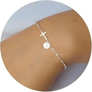 Cross Bracelet for Women, Easter Basket Stuffers for Teens Gold Initial Bracelets for Teen Christian Gifts for Women Dainty Religious Baptism Religious Confirmation Communion Faith Jewelry