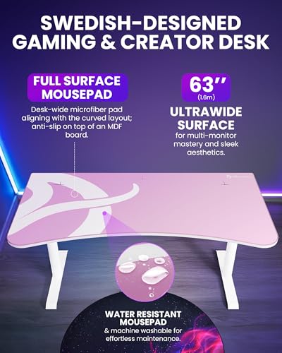 Image of Arozzi Arena Ultrawide Curved Gaming and Office Desk with Full Surface Water Resistant Desk Mat Custom Monitor Mount Cable Management Cut Outs Under The Desk Cable Management Netting - Pink