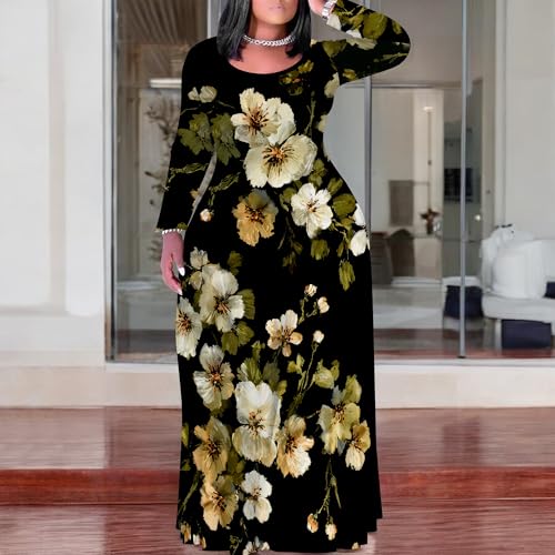 Image of PinkPatty Plus Size Maxi Dress for Curvy Women Crew Neck Long Sleeves Casual Dress Vacation Sundresses with Pockets