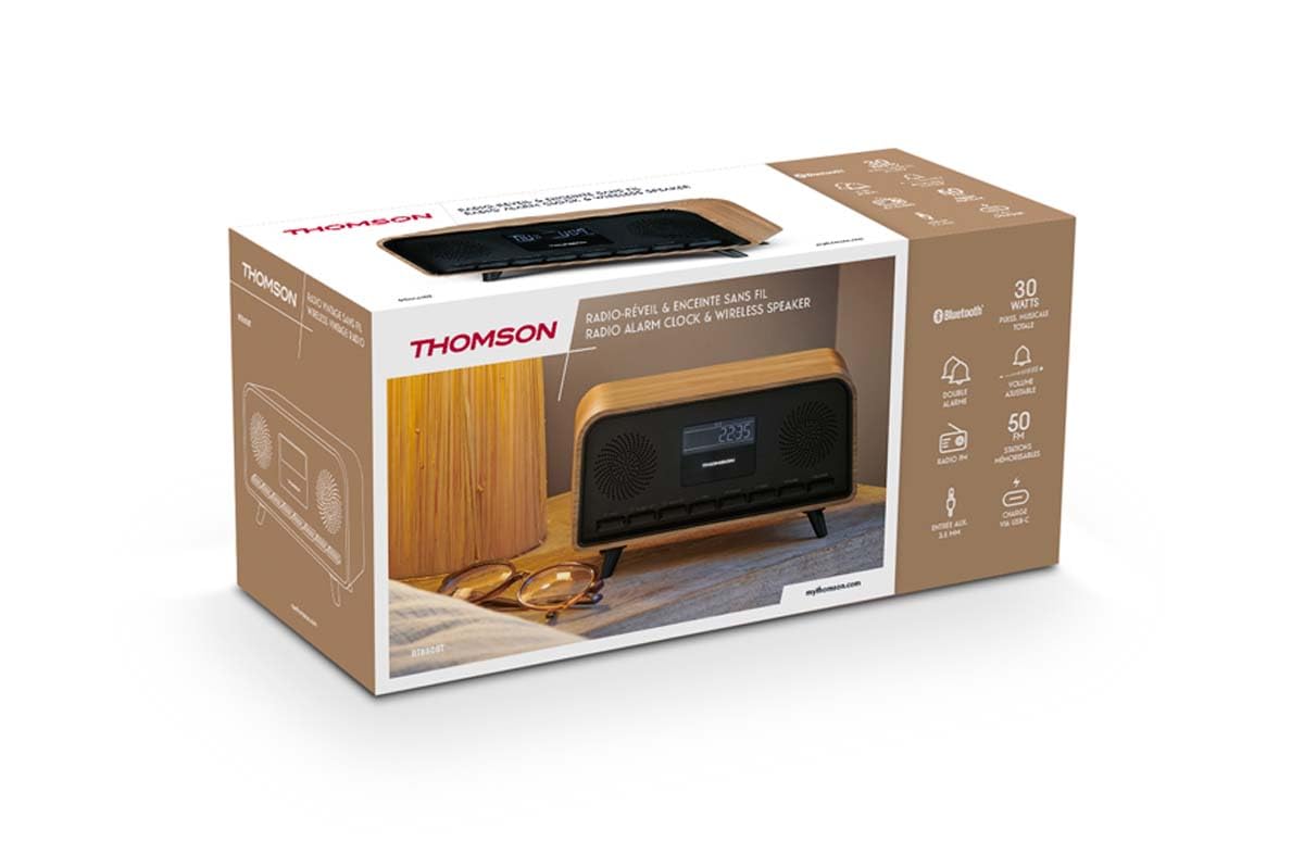 Radiosveglia Bluetooth - THOMSON - Vintage Cosy - 30 W, radio FM, doppia sveglia, schermo LCD, caricabatterie USB-C, alimentatore. 230V