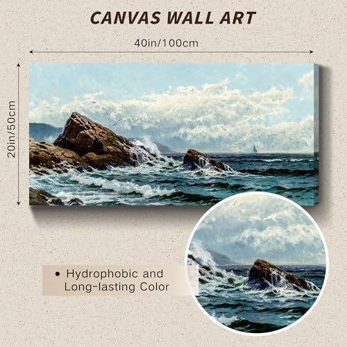 crmotu Coastal Large Wall Art, Ocean Landscape Vintage Oil Paintings, Blue Nature Scenic Canvas Art Prints, Waves and Rocks Pictures Wall Decor Living Room Bathroom Bedroom, Office Decor 20"X40"