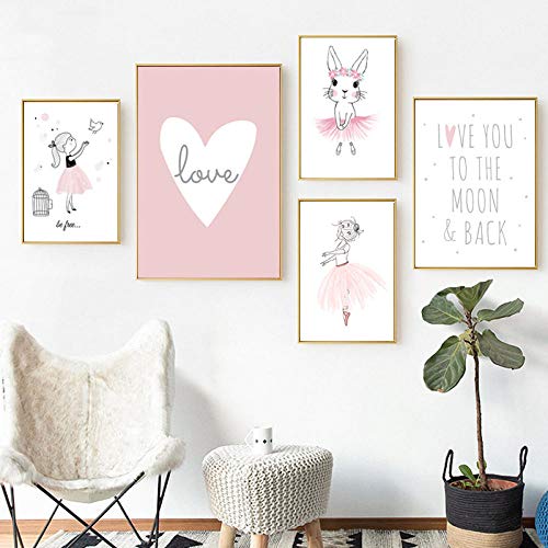MYSY Nursery Girl Ballet Poster Rabbit Poster Wall Art Canvas Painting Prints Picture Baby Bedroom Decor-40x60cmx1 30x40cmx2 20x30cmx2 Piezas Sin Marco Cover