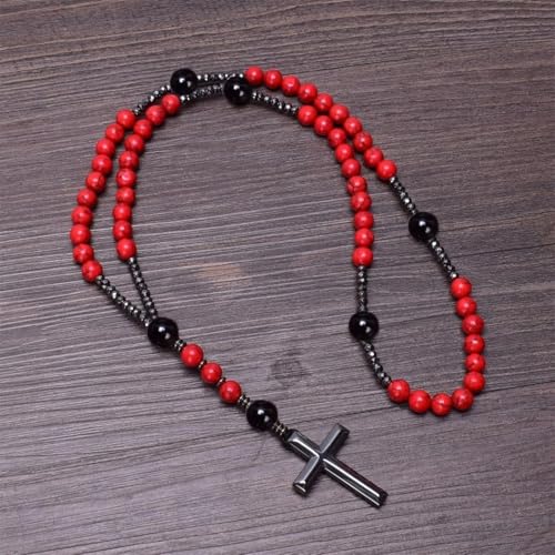 Terço Sagrado em Hematita, Coral Vermelho e Ônix Sintéticos - Premium Red + Bolsa de Veludo