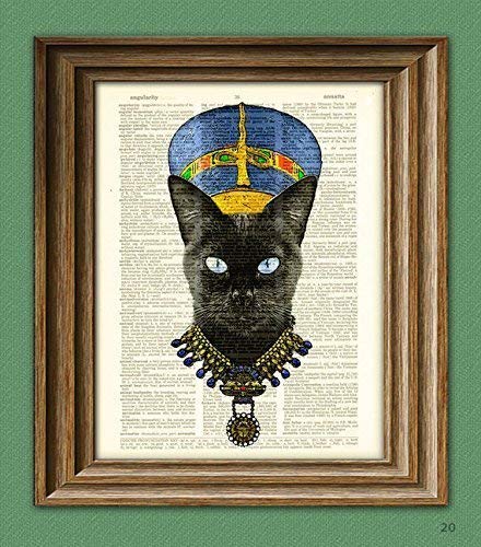 Queen Nefertiti the Black Pharaoh Cat Rules Egypt With Her Poise Illustration Beautifully Upcycled Dictionary Page Book Art Print