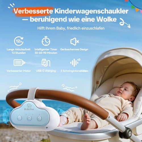 Robofun Kinderwagenschaukler, Einschlafhilfe Baby Wiederaufladbar (USB-C), Schlafhilfe Für Baby Mit 30, 60, 90 Min Timer, 3 Einstellbare Schaukelintensitäten, Universell Für Kinderwagen & Buggy