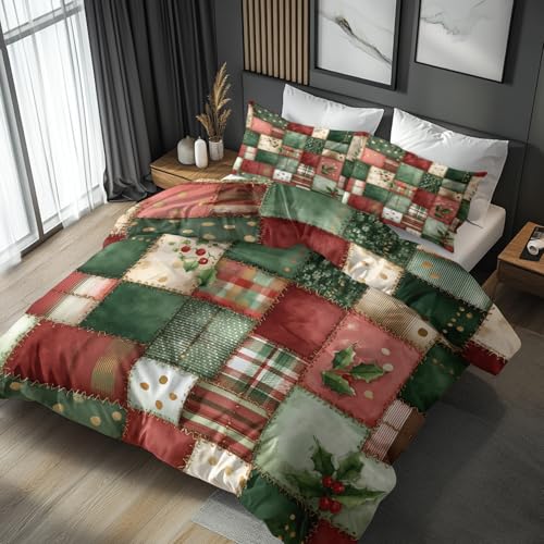 Funda nórdica de 140 x 200 cm, diseño de cuadros Vichy Navidad para 1 personas, juego de cama reversible estampado Vichy verde rojo, microfibra y 1 funda de almohada de 65 x 65 cm, con cremallera