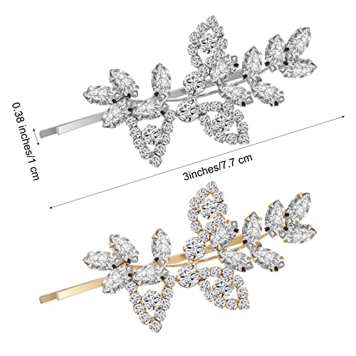 2Pcs Rhinestone Bobby Pins For Hair, Rhinestone Bridal Hair Clip Crystal Hair Clips Decorative Hair Pins Silver Flower Leaf Wedding Hairpin Barrette For Bride Women And Girls(Silver/Gold) #TOP1