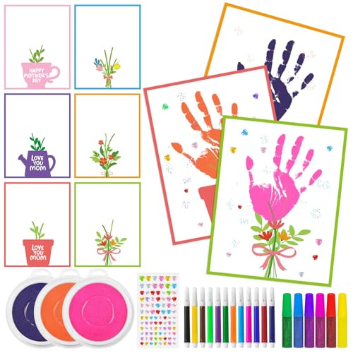Cinrobiye 24 Set Mother's Day Handprint Crafts Kits Happy Mother's Day Flower Greeting Cards Bulk Hand Keepsake Craft Gifts with 3 PCS Large Ink Pads for Home School Fun Activities DIY Gift Craft