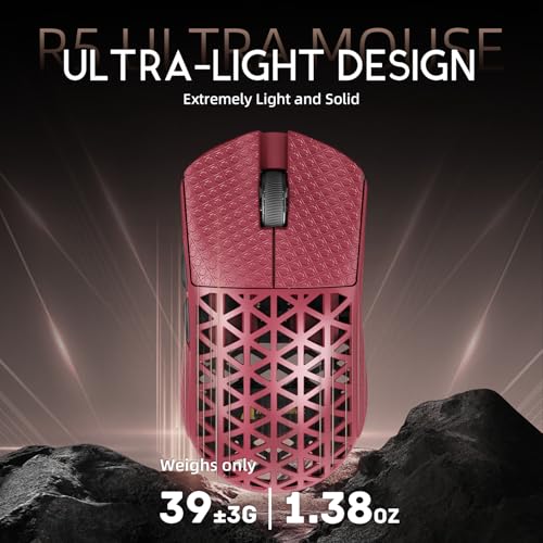 Image of ATTACK SHARK R5 Ultra Wireless Gaming Mouse,Carbon Fiber Shell 39g Superlight,PAW3950MAX Nordic 52840 MCU 8K Polling 42K DPI Optical Sensor,BT /2.4G /USB-C Wired Mice with Coiled Cable-Red&Griptape